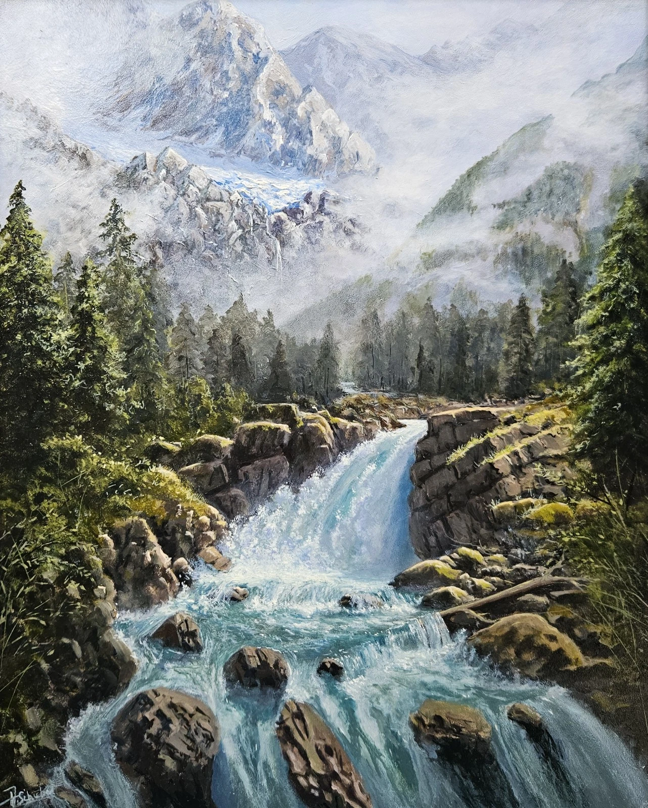 Wasserfall am Gletscherbach – handgemaltes Ölbild von Antje Schubert