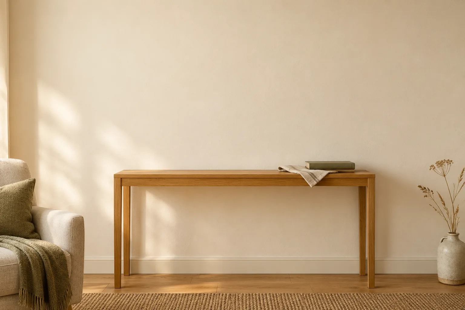 Wohnbeispiel mit heller Wand, Holzkonsole und gemütlichem Sessel