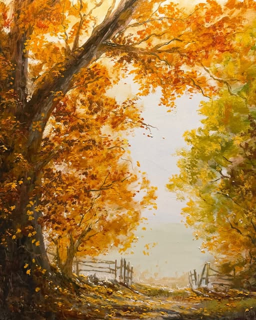 Ölgemälde mit goldenem Herbstlaub und einem Weg – Instagram-Beitragsvorschau von Antje Schubert